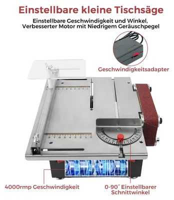 Produktbild von Multifunktionale Mini Tischkreissäge - Kompakte 2-in-1 Tischsäge und Bandschleifer - 200W bürstenloser Motor - Edelstahltisch - 30mm Schnitttiefe - Für Holz und Metall