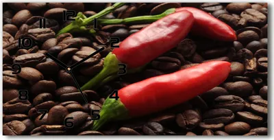 Produktbild von Wanduhr aus Glas – 60x30 cm - Glasbild - Glasuhr - Gehärtetes Glas - schwarze-zeiger - Chillies und Kaffee