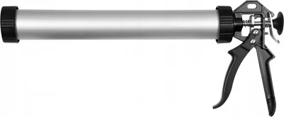 A silver and black caulking gun is shown against a white background.