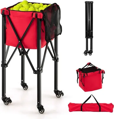Immagine prodotto di Carrello pieghevole per palline da tennis con ruote, borsa rimovibile, tasche laterali e borsa per il trasporto. Carrello portatile per palline, può contenere 150 palline da tennis. Rosso