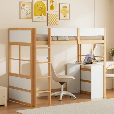 Produktbild von Hochbett mit RGB LED-Streifen, Lattenrost, Regal, Treppe und Rausfallschutz, 140x200cm, Metallbett, Jugendbett, Kinderbett