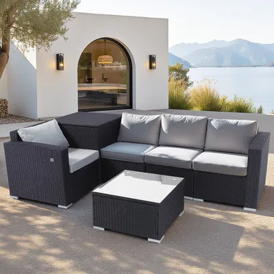 Produktbild von HOMAVO Gartenlounge Set 4-Personen, Inklusive Beistelltisch und Auflagenbox, mit Wasserdichte Schutzhülle, Für Garten, Balkon, Terrasse