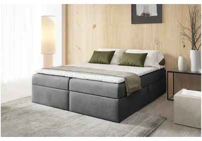 Produktbild von MEBLINI Boxspringbett mit Bettkasten - 200x200 - Gepolstert Doppelbett mit Matratze und Topper - Polsterbett mit Stauraum - Bett ohne Kopfteil - Stauraumbett - BASIL - H3/Grau Plüsch