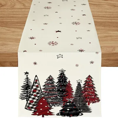 Productafbeelding van Kersttafelkleed, 40x140 cm, zwart-rood, met kerstbomen en sneeuwvlokken