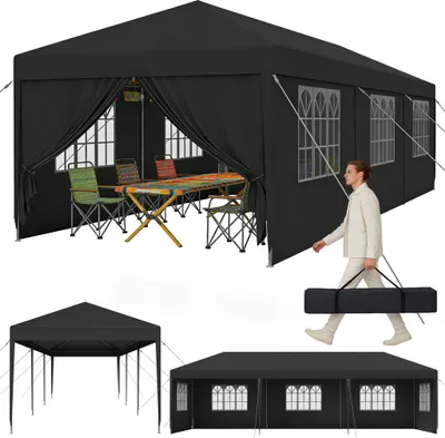 Image de Tente de réception UISEBRT 3 x 9 m, couleur anthracite, pavillon de jardin avec panneaux latéraux et fenêtres, protection anti-UV, tente de réception d'extérieur pour événements