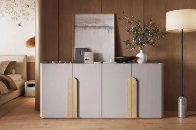 Zdjęcie produktu dla Komoda czterodrzwiowa 200 cm kaszmir dąb olejowany dąb jasny Amilio 8 półek