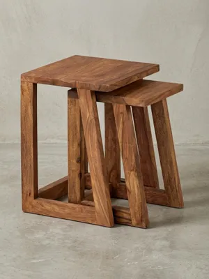 Produktbild von 2er Set MUMBAI Beistelltisch Massivholz Sheesham Design Wohnzimmer-Tisch eckig Nachttisch Satztisch Landhaus-Stil
