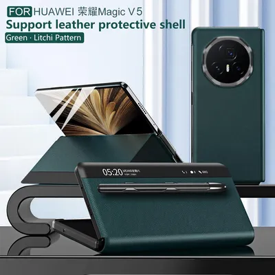 A marketing image showcasing a green leather phone case for a Huawei Magic V5, with the phone partially open and a stylus visible.