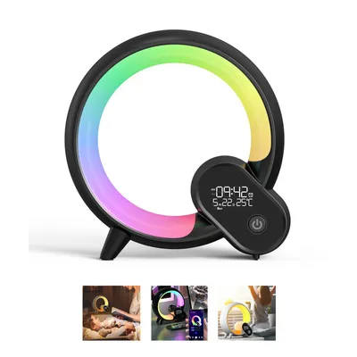 A circular lamp with a digital display and a power button, set against a white background. Below the lamp are three smaller images showing the lamp in different settings.