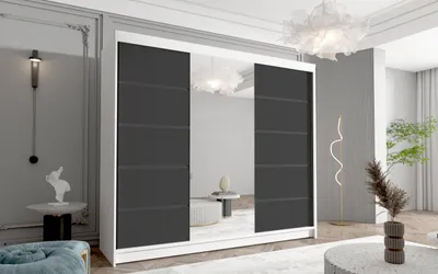 Produktbild von Schwebetürenschrank Netro VI 250 cm mit Spiegel - Groß Kleiderschrank, Schiebetürenschrank mit Kleiderstange und Einlegeboden, Schlafzimmerschrank, Schiebetüren, 250x215x58 cm (Weiß/Schwarz)