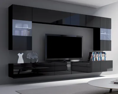 Produktbild von Wohnwand Amanda I Breite 300cm, Anbauwand vom Hersteller, Moderne Schrankwand, Mediawand (Schwarz / Schwarz Hochglanz)