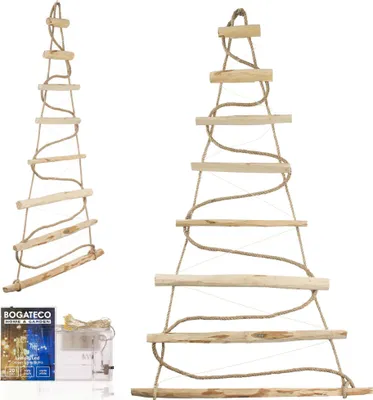 Produktbild von BOGATECO Handgemacht Weihnachtsbaum 95 cm hoch, aus Haselnussholz | Deko Anhänger | mit 200 cm LED-Leuchten | Holzplatten verbunden mit einem Juteseil mit einer Dicke von 6 mm