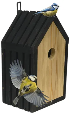 Produktbild von MODO24 Meisen-Nistkasten, 2,8 cm Einflugloch, Blaumeise, Vogelhaus, Brutkasten, Reinigungsklappe,Holz, Wetterfest, 26x15x12 cm, Schwarz, BUPR