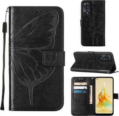 Produktbild von Lederhülle für OPPO Reno8 T 4G Schmetterling Prägung Flip Ledertasche Kartenfächer Handyhülle mit Ständer Schwarz