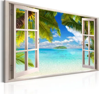 Produktbild von Modernes Wandbild Fensterblick 120x80 - 1 Teile Bilder Fotografie auf Vlies Leinwand Foto Bild Dekoration Wand Bilder Kunstdruck Insel Meer See Palme blau c-C-0090-b-a