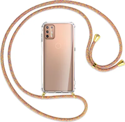 Produktbild von Handykette Backcover-Schutzhülle mit Band (Metall goldfarben) für Motorola Moto G9 Plus - goldfarbene Kette