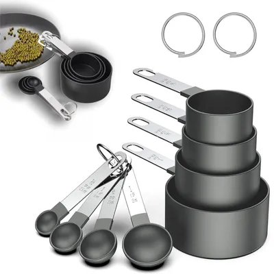 Produktbild von 8 Stück Messbecher und Löffel Set, stapelbare schwarze Messlöffel zum Messen von trockenen und flüssigen Zutaten, kleiner Teelöffel mit Kunststoffkopf