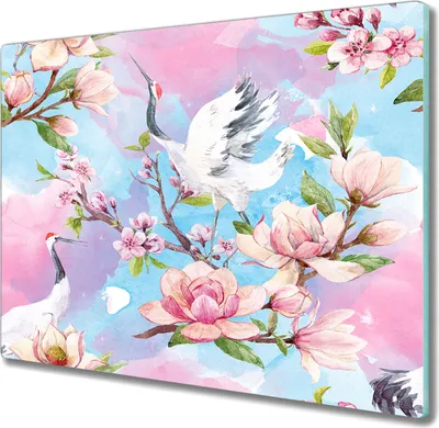 Produktbild von Coloray Hackbrett Küchenbrett Kochplattenabdeckung Schneidebrett Herdabdeckplatte 60x52 cm - Blumen Zweige Tier Vogel