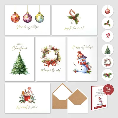 Productafbeelding van Set van 24 kerstkaarten, formaat A6, met goudfolie, inclusief enveloppen en stickers, voor kerstgroeten