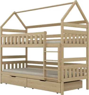 Zdjęcie produktu dla Łóżko piętrowe domek FELIKS 180x80 sosna nielakierowana drewniane z szufladami
