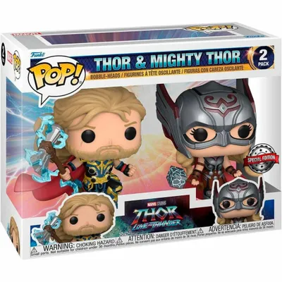 A Funko Pop! 2-pack of Thor and Mighty Thor figures from Marvel Studios' Thor: Love and Thunder, displayed in their original packaging.