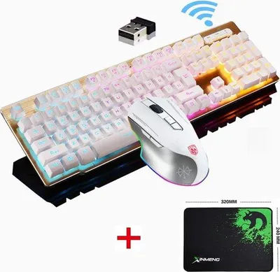 Imagen del producto de Kit de teclado y ratón inalámbricos Unyqoos®, recargable, con batería de 1000 mAh, receptor nano 2.4 GHz (hasta 10 metros), luces LED de arcoíris, diseño delgado, ideal para juegos, compatible con Windows/Mac/Linux