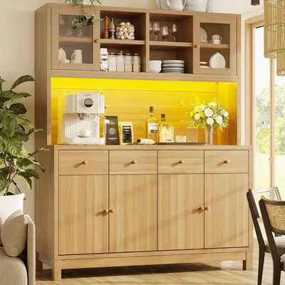 Produktbild von Flieks Hochbuffetschrank mit App-gesteuerter RGB-LED, Glastüren, Küchenbuffet mit verstellbare Einlegeböden, Sideboard 140x38.5x180cm, Naturholz-Optik