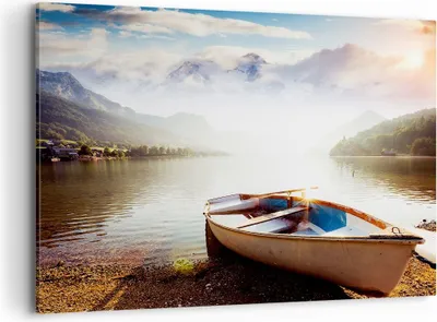 Produktbild von Bild auf Leinwand - Leinwandbild - Berge See Boot - 100x70cm - Wand Bild - Wanddeko - Wandbilder - Leinwanddruck - Bilder - Kunstdruck - Wanddekoration - Leinwand bilder - Wandkunst - AA100x70-3927