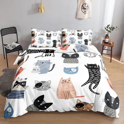 Productafbeelding van Beddengoedset met cartoonkattenprint, 220x230 cm, 2 kussenslopen van 80x80 cm, microvezel, 3-delig