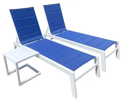 Produktbild von Set aus 2 Sonnenliegen und Beistelltisch BARBADOS aus blauem Textilene - Weißaluminium