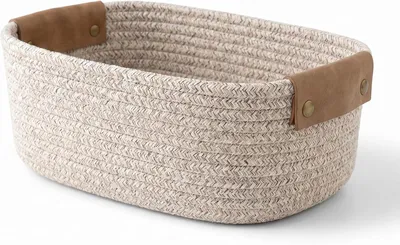 Immagine prodotto di Cesto piccolo, realizzato in materiale di cotone intrecciato, dimensioni 28x17x11 cm, con manici in pelle removibili, ideale per