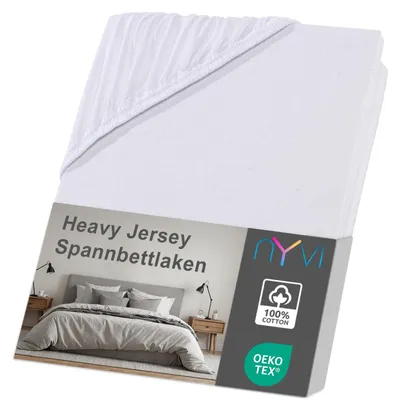 Produktbild von NYVI Spannbettlaken DreamScience Heavy Jersey 180x200 - 200x200 cm weiß für Topper bis 10 cm Höhe - Spannbetttuch, Formstabil, 160g/m², Rundum-Gummizug, Bügelfrei