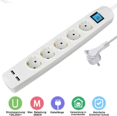 Obrázok produktu pre 5-násobná zásuvková lišta s dvoma USB nabíjacími konektormi a plochým konektorom Cee 7/7, 1,5 m, biela