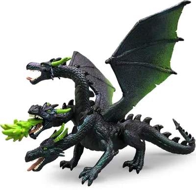 A dark, multi-headed dragon toy with green accents, posed against a white background.