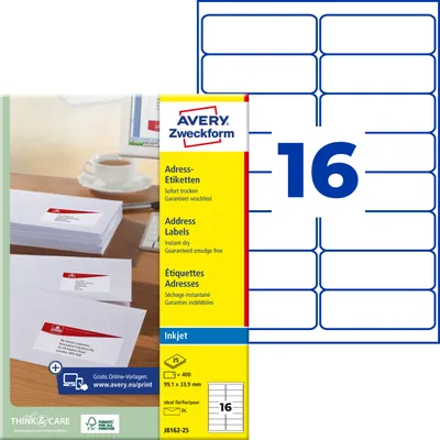 Produktbild von Avery Zweckform J8162-25, Adress-Etiketten, A4, 99,1 x 33,9 mm, 400 Etiketten / 25 Bögen, weiß