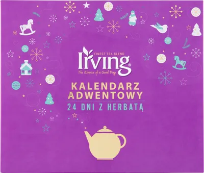 A purple box with festive Christmas-themed illustrations, featuring a teapot illustration at the bottom and text indicating it is an advent calendar with tea.