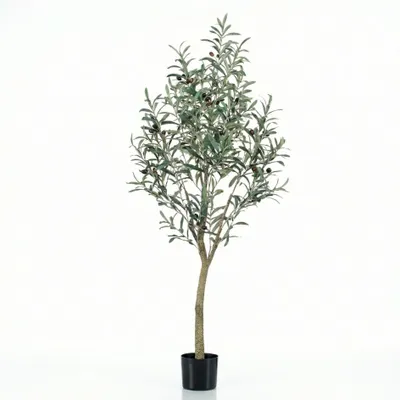 Produktbild von Künstlicher Olivenbaum 140cm im Topf – realistische Kunstpflanze mit Oliven & grün – grauen Blättern – mediterrane Deko für Wohnzimmer, Flur & Büro