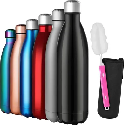 Produktbild von Doppelwandige RVS Wasserflasche - Vakuumisoliert für 12 Stunden warme und 24 Stunden kalte Getränke - 500 ml, Schwarz