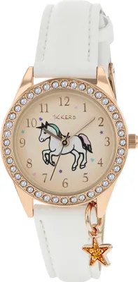 A close-up studio shot of a children's watch with a unicorn design.