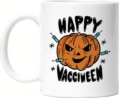 Produktbild von Happy Halloween Tasse Weiß Kürbis Kürbiskopf Impfung Vaccination Spooky Corona Virus   Lockdown