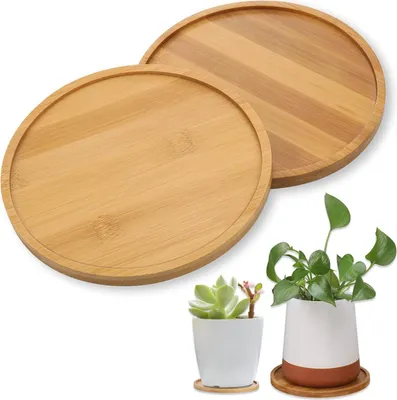 Productafbeelding van Houten Bloempot Onderzetters 2 Stuks, Ronde Coasters van Bamboe, 15.5 cm, voor Binnen en Buiten