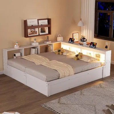 Productafbeelding van Opbergbed met slaapbank, 90/180 x 200 cm, wit. Houten bed met LED-lichtbalk en stopcontact, geschikt voor de slaapkamer