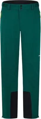 Grüne Berghaus Ridge-Roamer 3L Softshell Hose mit schwarzen Verstärkungen an den Beinabschlüssen und gelben Reißverschlüssen an den Taschen