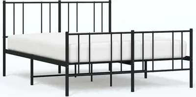 A black metal bed frame with a white mattress on a white background.