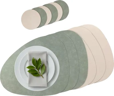 Produktbild von Platzset 6er Set, 2in1 Wende-Tischunterlage Kunstleder oval, Platzdeckchen 40x31cm Nierenform (salbei/beige)