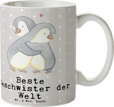 Produktbild von Mr. & Mrs. Panda Henkelpott Pinguin Beste Geschwister der Welt - Grau Pastell - Geschenk, Becher, Bruder, Schwester, cappuccinotasse, Nachwuchs, Geburtstag, Kaffeetasse