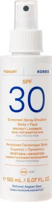 Imagen del producto de Korres, Protector solar en spray con emulsión de yogur, para cuerpo y rostro, SPF 30 (150 ml)