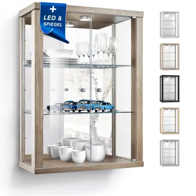 Produktbild von K-Möbel Wandvitrine (80x60x25cm) -  Germany - Glasvitrine hängend mit 2 höhenverstellbaren Glasböden aus ESG, Spiegel & LED in Sonoma Eiche