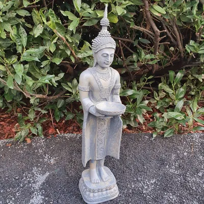 Produktbild von Gartenfigur Tempelwächter Figur mit Opferschale Steinoptik grau 76 cm Kunstharz