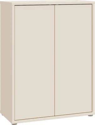 A front view of a closed, sand-colored cabinet with two doors.